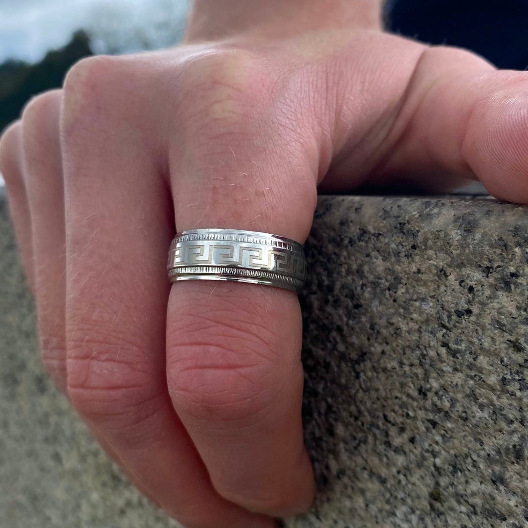 Anello da uomo con motivo a chiave greca, anello in argento lucido