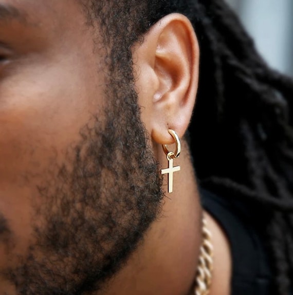 Herren Ohrringe: 14K Gold & Sterlingsilber Mit Eiskreuz-Hänger & Huggie Hoops – 20 CZ Steine (Tsv Jewelers)