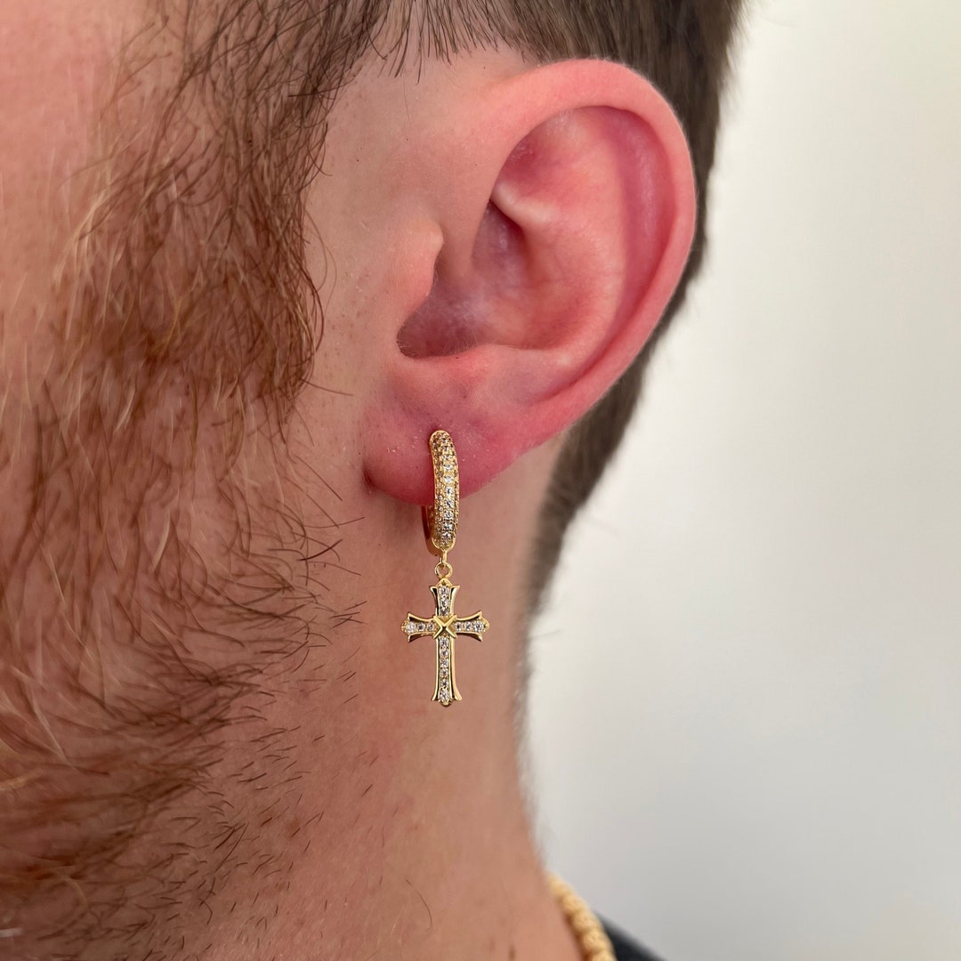 Mens Earrings 14K Gold Diamond Cross Earring Mens Earrings Cross