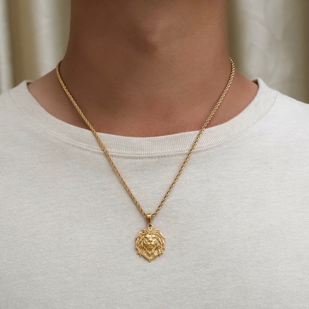 18K Gold Necklace Gold Lion Pendant Necklace Mens Chain Lion - Etsy UK