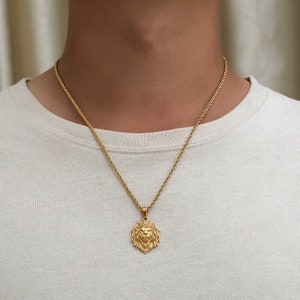 18K Gold Necklace, Gold Lion Pendant Necklace, Mens Chain Lion Pendant Mens Vintage Lion Head Necklace Gold Necklace- By Twistedpendant