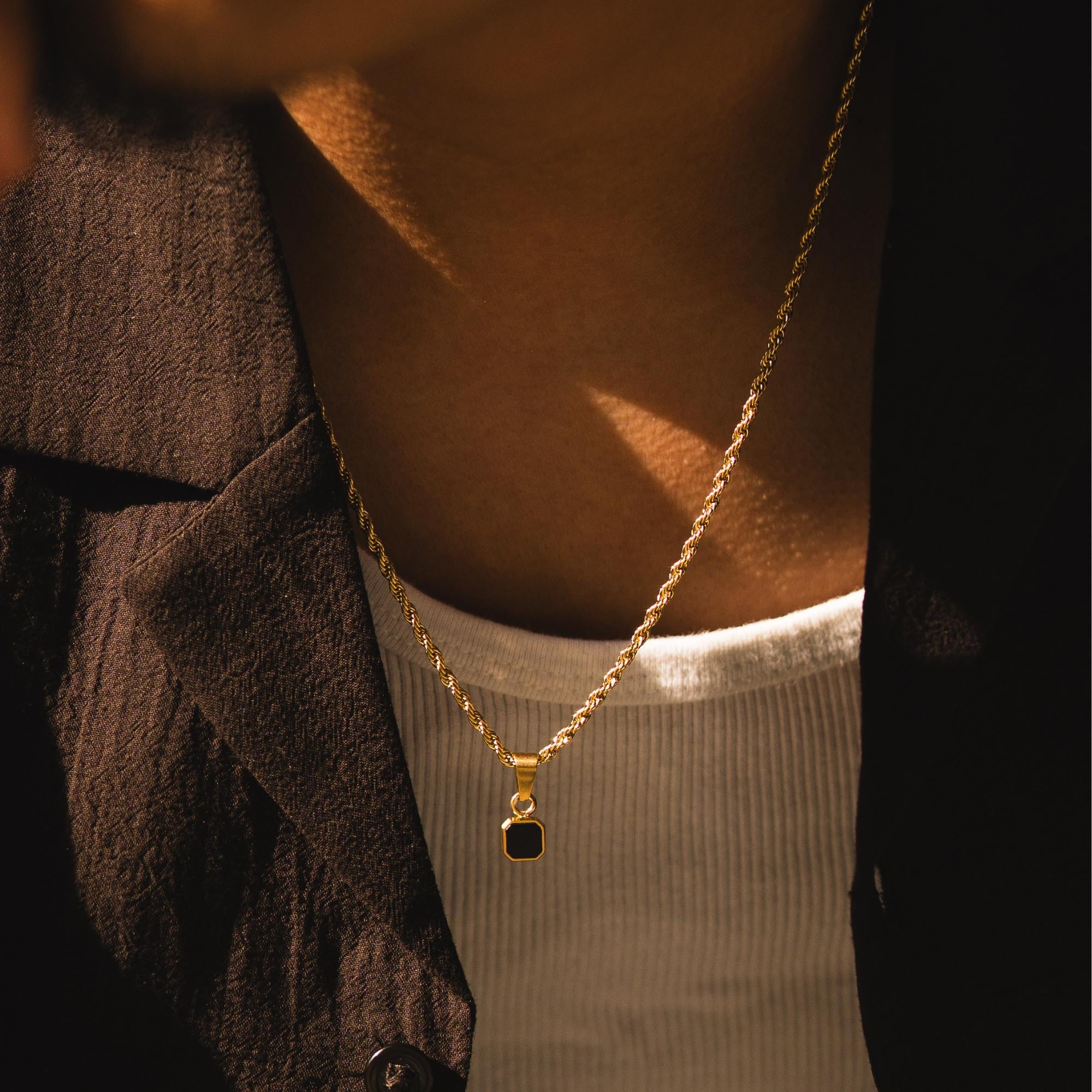 Gold Onyx Pendant Necklace for Men - Mini Onyx Gemstone Necklace