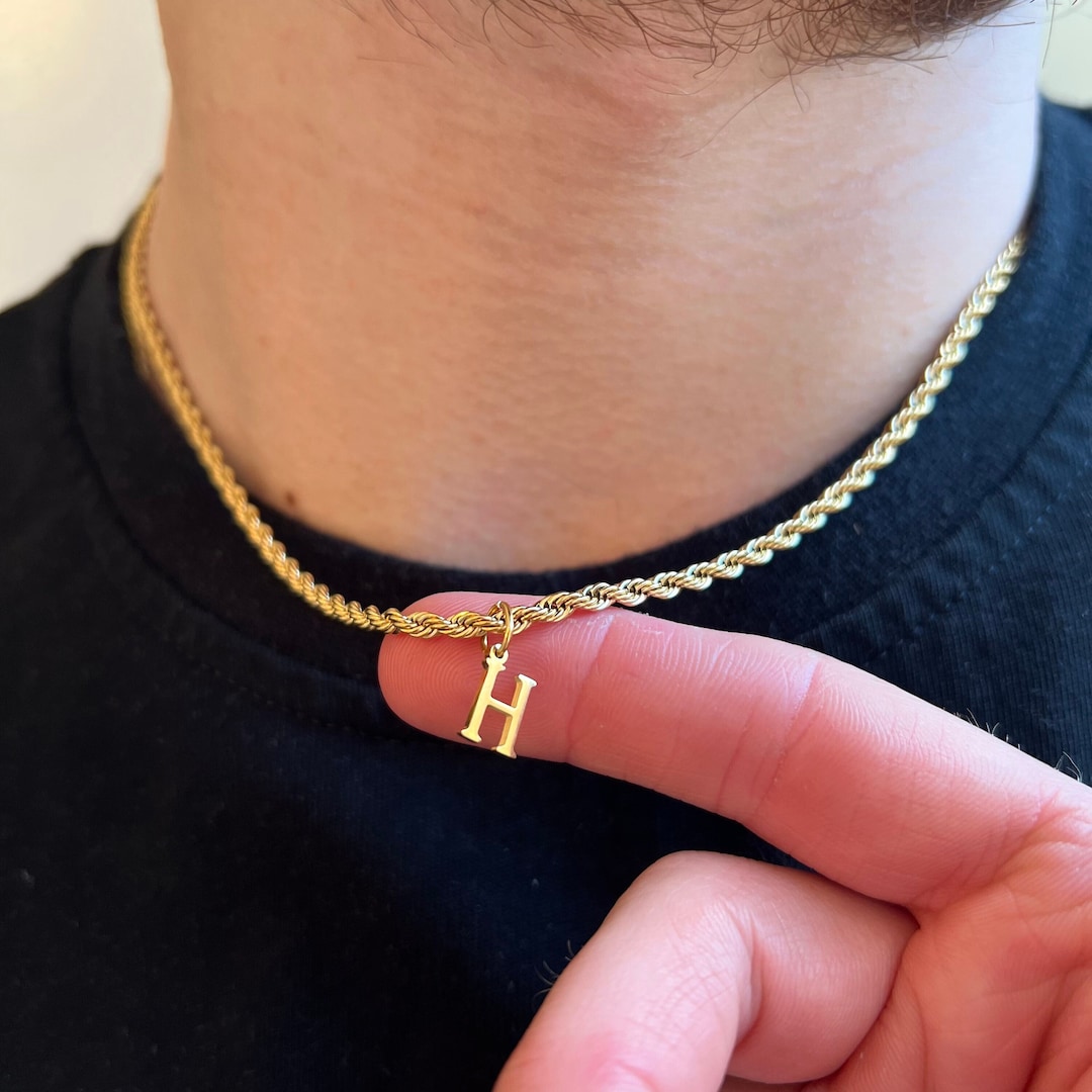 18K Gold Initial Necklace, Mens Rope Chain Necklace With Initial, Mens