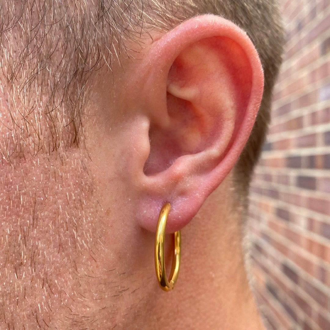 Mens Gold Hoop Earrings Large Mens Hoop Earrings 18K Gold Steel Hoop