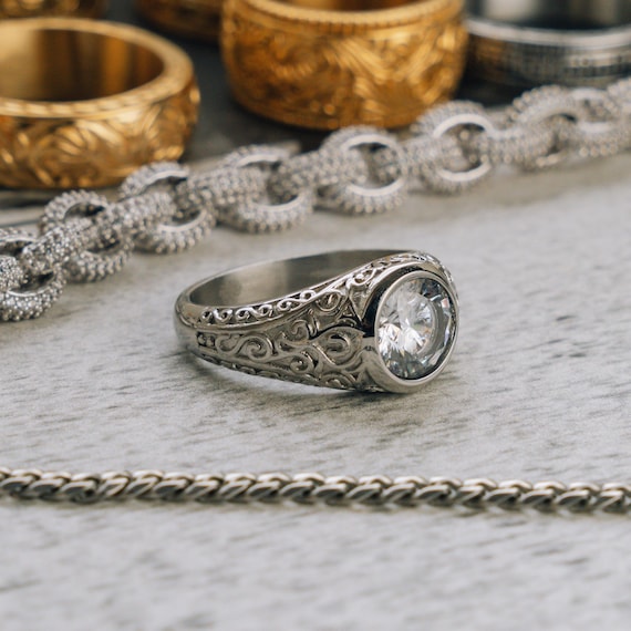 Diamond Signet Ring - Silver Gemstone Ring For Men - Mens Diamond Signet Ring - Vintage Styled Pattern Band Ring - Mens Jewellery UK