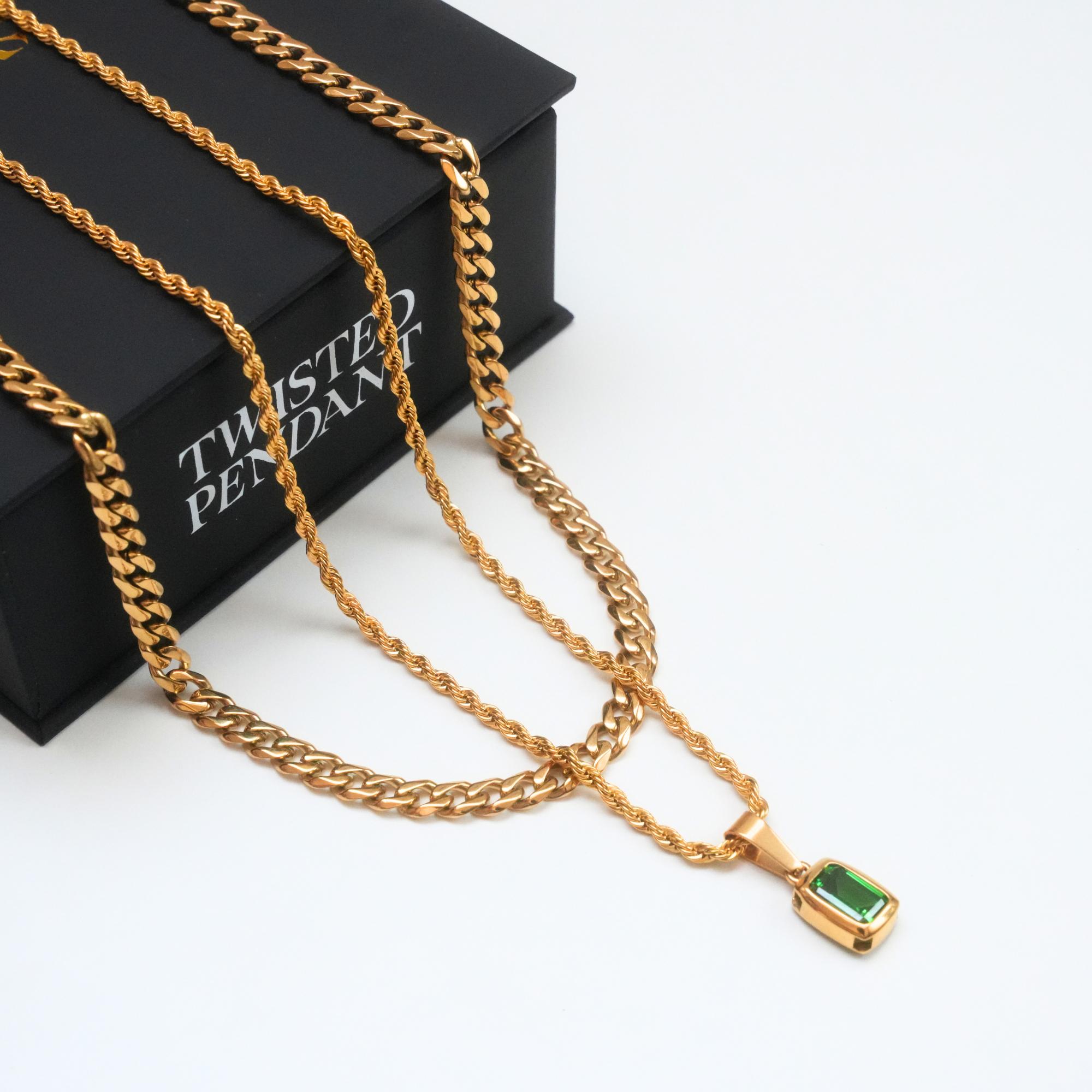 Mens Necklace Green Gemstone - Silver Emerald Green CZ Pendant