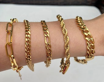 Bracelet Gourmette Chaîne Tank Art Déco – Plaqué Or 18k 750 – Longueur 17-18 Cm