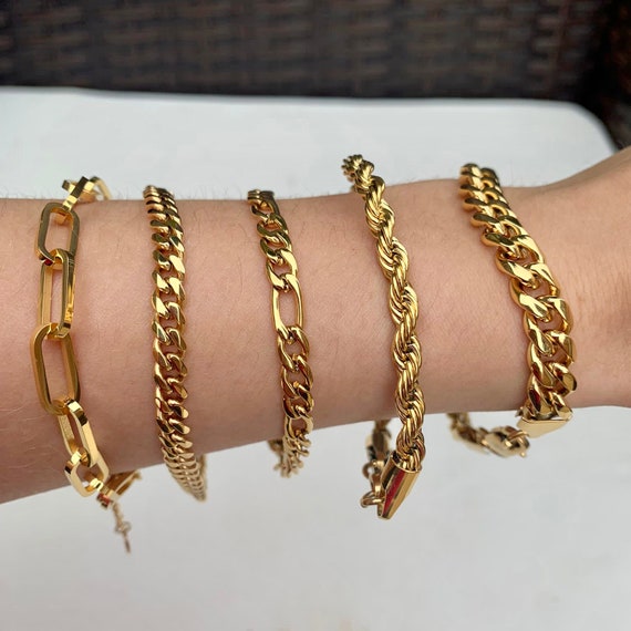 18K Gold Bracelet, Simple Gold Rope Chain Bracelet, Chunky 8mm