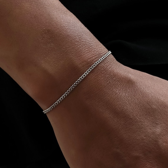 Thin 2mm Silver Bracelet, Silver Mens Bracelet Chain for Men, Cuban Link Bracelet Chain, Minimalist Silver Bracelet - Mens Jewellery Gifts