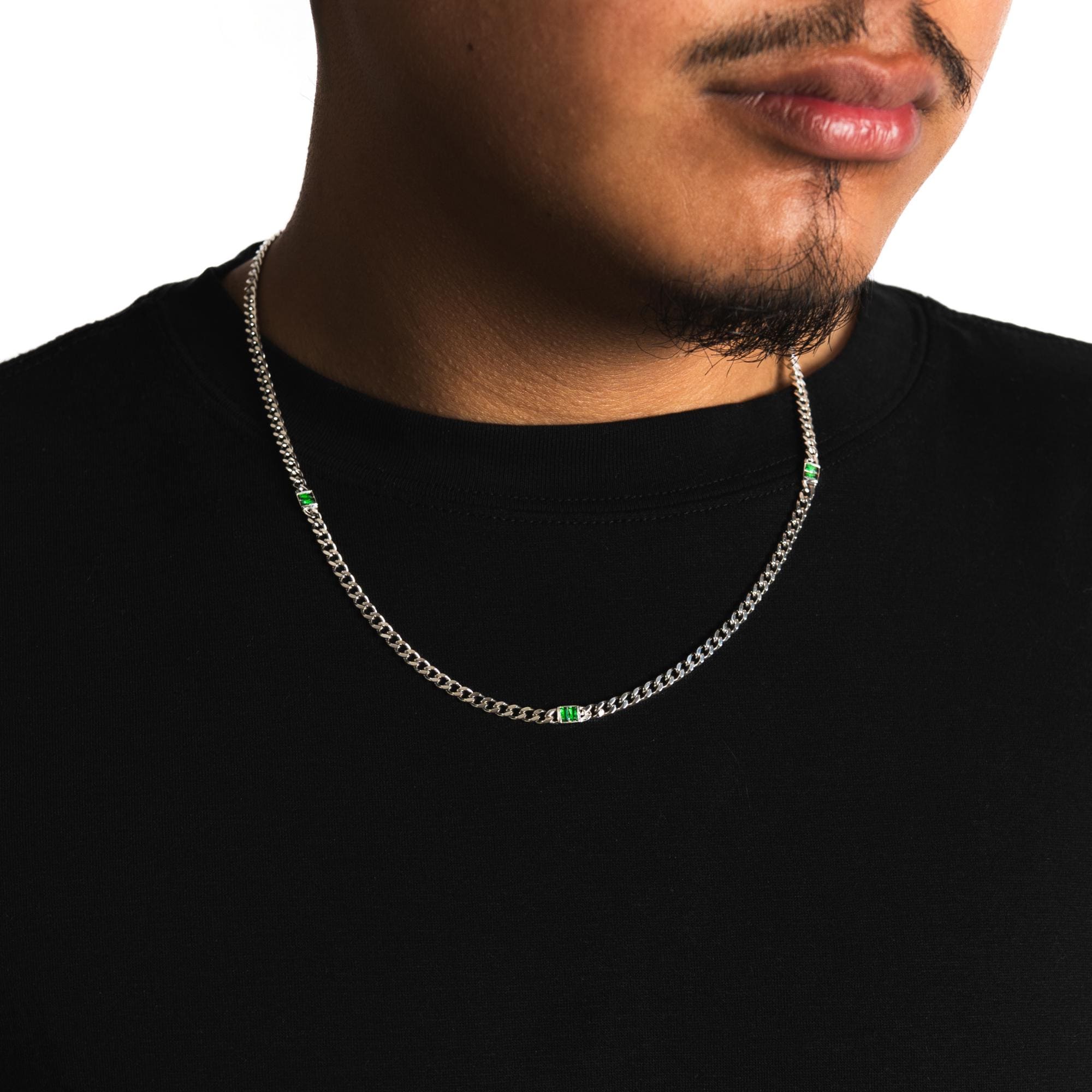 Mens Necklace - Silver Emerald Green Necklace For Men - Mens Silver Curb Chain With Gemstone - Mens Jewelry - Greem Gemstone Chain Necklace