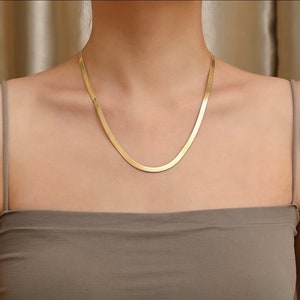 18K Gold Snake Chain Necklace, 5mm Flat Snake Layer Necklace Gold Chain, Gold Choker Necklace, Gold Herringbone Chain, 18K Gold Jewelry image 2