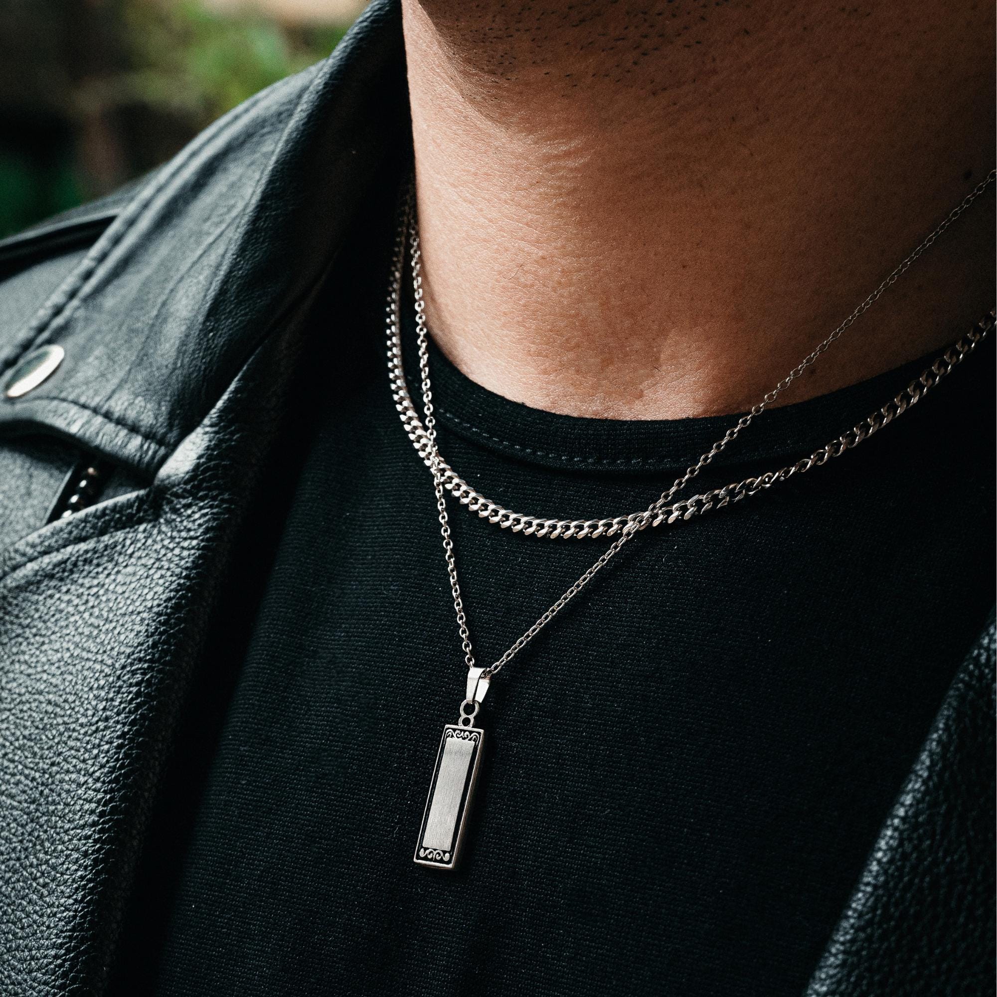 Mens Necklace - Vintage Silver Pendant Necklace For Men - Rectangle Patterned Pendant With Chain - Mens Jewellery Gifts UK
