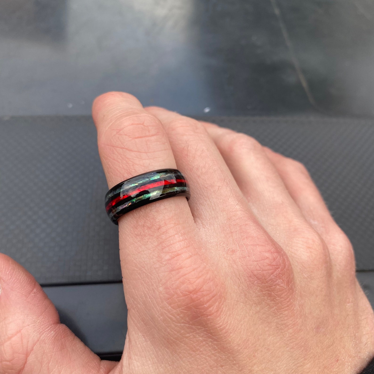 Mens Ring - Silver & Red Band Ring Opal Fire Styled - Promise Rings for ...