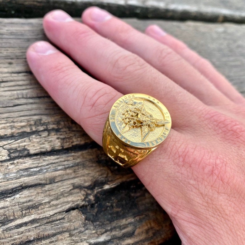 St Michael Sovereign Ring Gold Mens Ring Religious Stainless Etsy