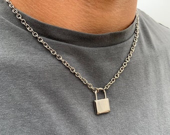 Padlock Necklace Choker  Layering Chain Pendant Silver Mens Womens Chain - Mens Padlock Pendant Necklace - Mens Jewelry By Twistedpendant