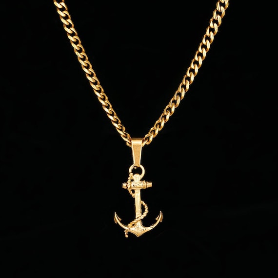 Collier Acier Homme Pendentif Ancre Marine Avec Carrés Noirs