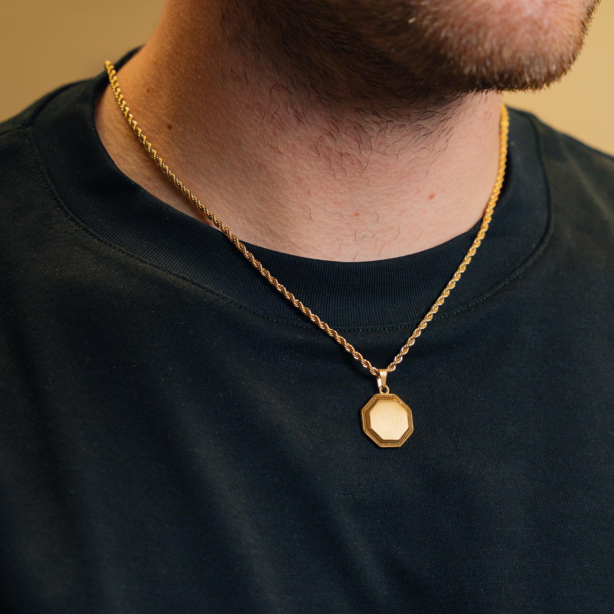 18K Gold Octagon Pendant Necklace for Men - Matte Mens Chain
