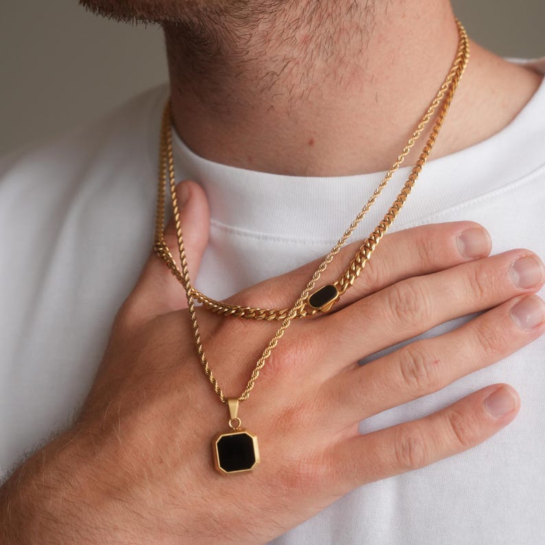 Mens Necklace Set - Silver Onyx Pendant Necklace For Men - By Twistedpendant