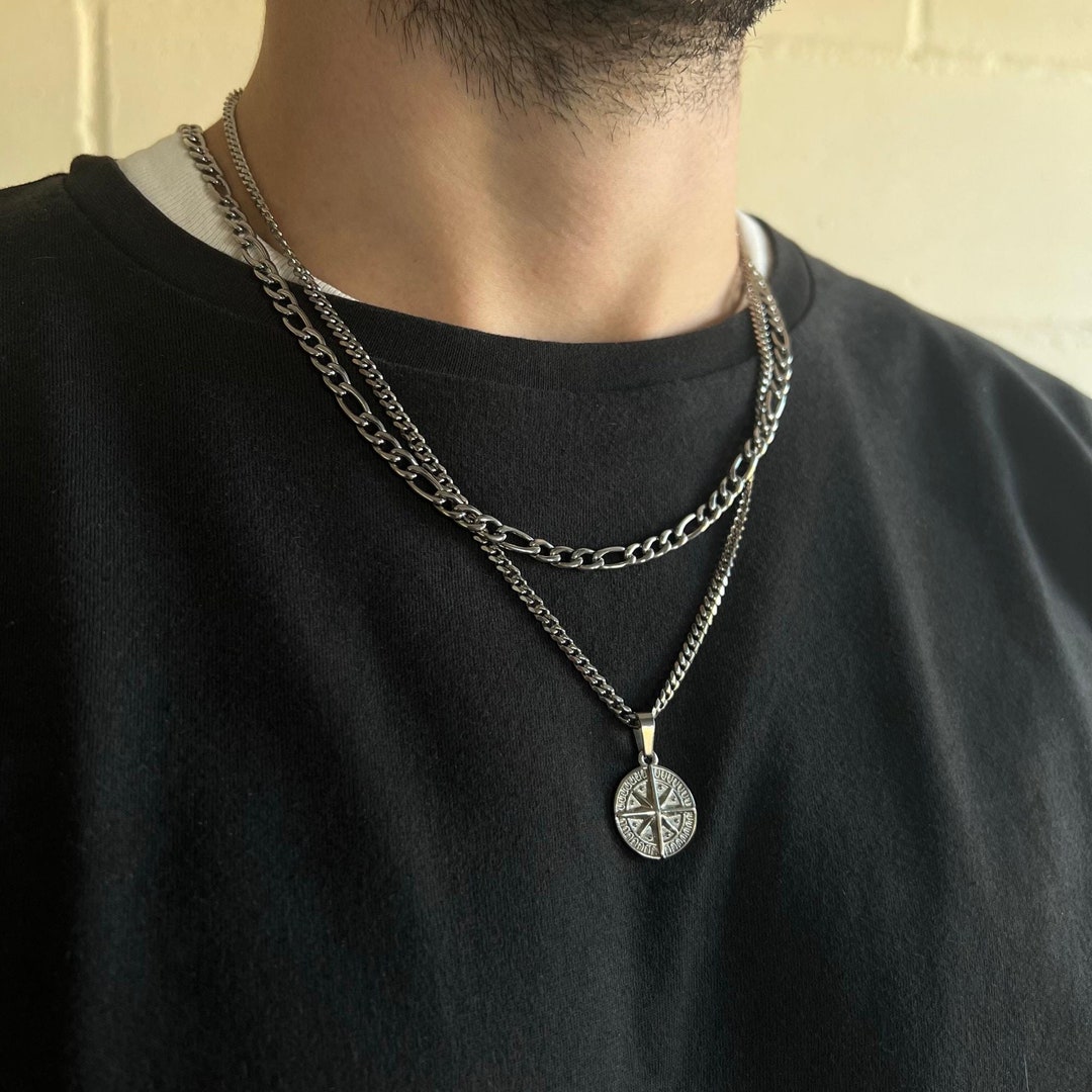 Mens Necklace - Silver Compass Pendant Necklace for Men - Figaro Chain ...