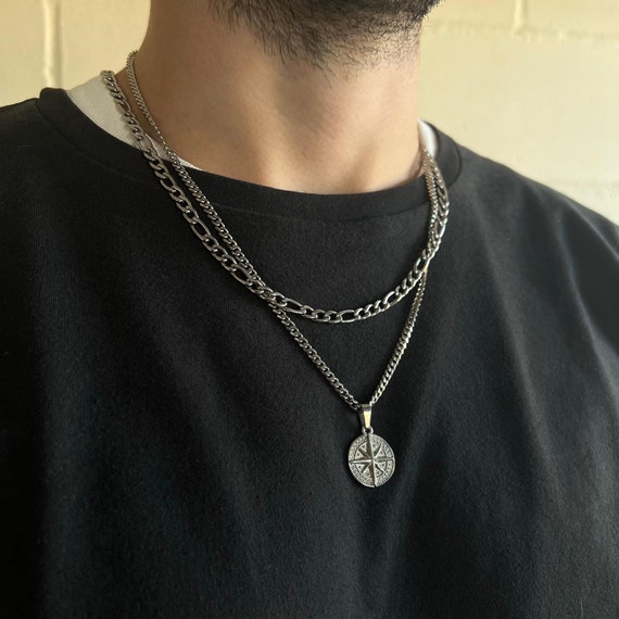 Mens Necklace - Silver Compass Pendant Necklace For Men - Figaro Chain & Compass Necklace Gift Set - Mens Jewelry Christmas Gift Set