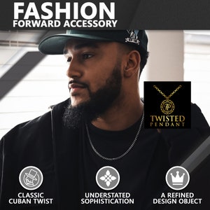 May include: A gold chain necklace with a twisted pendant featuring the letter "P" inside a circle. The necklace is worn by a person with a beard and a black baseball cap. The text "TWISTED PENDANT" is displayed below the pendant. The image also includes three icons representing different styles: "CLASSIC CUBAN TWIST", "UNDERSTATED SOPHISTICATION", and "A REFINED DESIGN OBJECT".