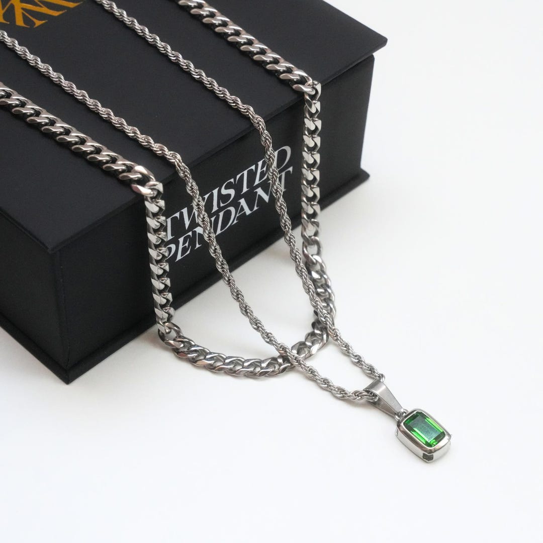 Mens Necklace Green Gemstone - Silver Emerald Green CZ Pendant