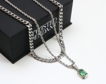 Mens Necklace Green Gemstone - Silver Emerald Green CZ Pendant Necklace For Men- Small Stone Chain Pendant - Mens Jewelry Green Gem Necklace