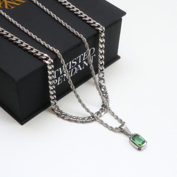 Mens Necklace Green Gemstone - Silver Emerald Green CZ Pendant