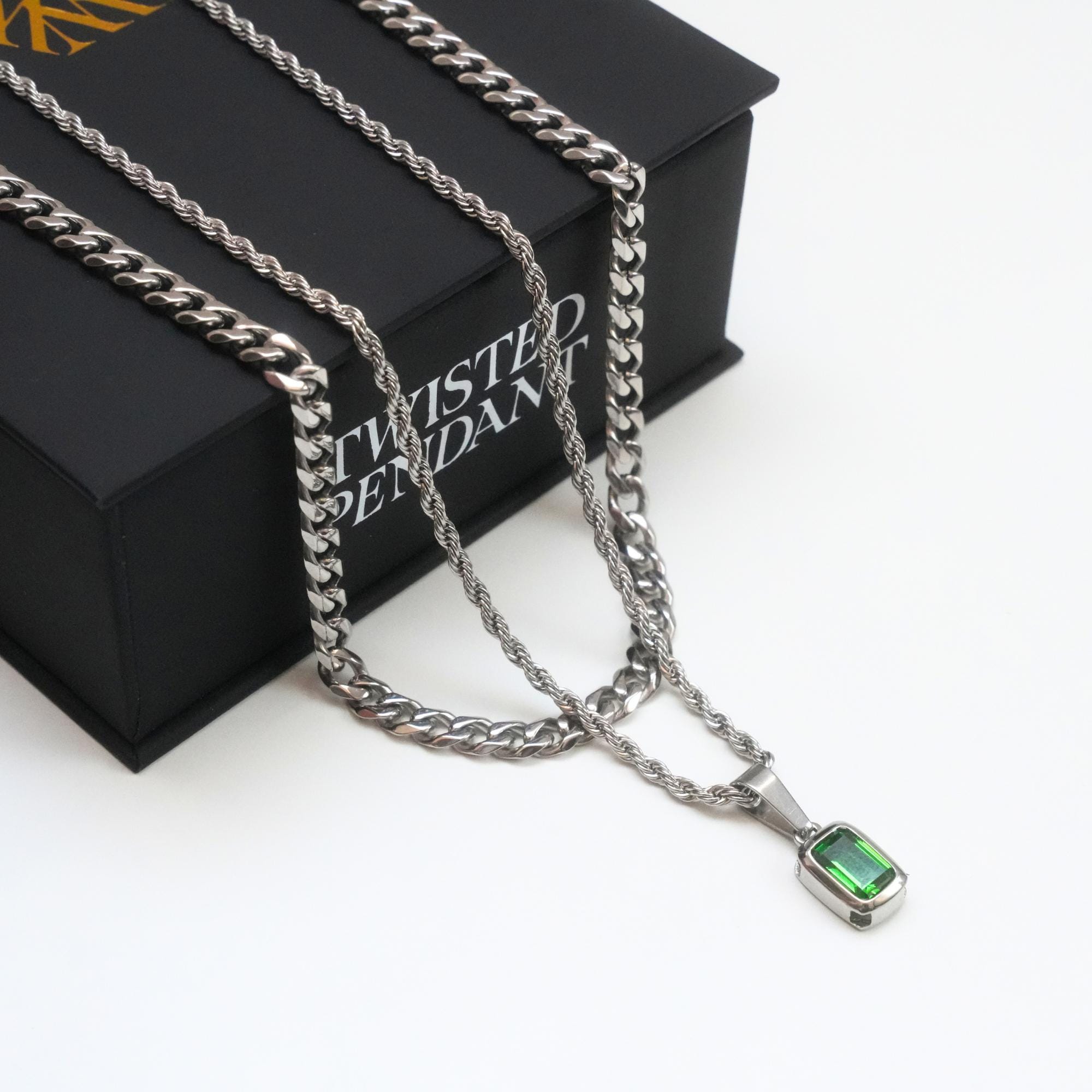 Mens Necklace Green Gemstone - Silver Emerald Green CZ Pendant