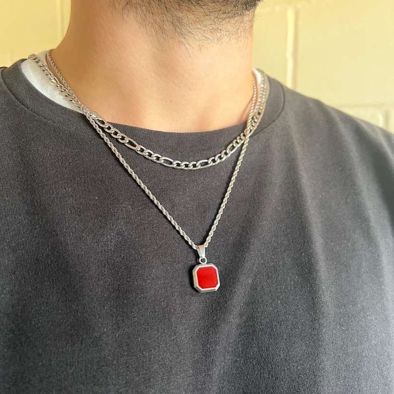 Mens Necklace Silver Pendant With Red Gemstone Necklace for Men Mens