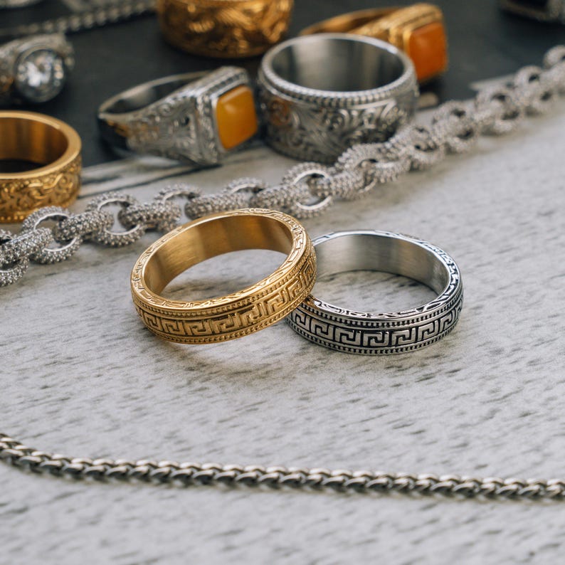 Mens Ring - Thin Greek Key Band Ring For Men, Silver Roman Pattern Ring