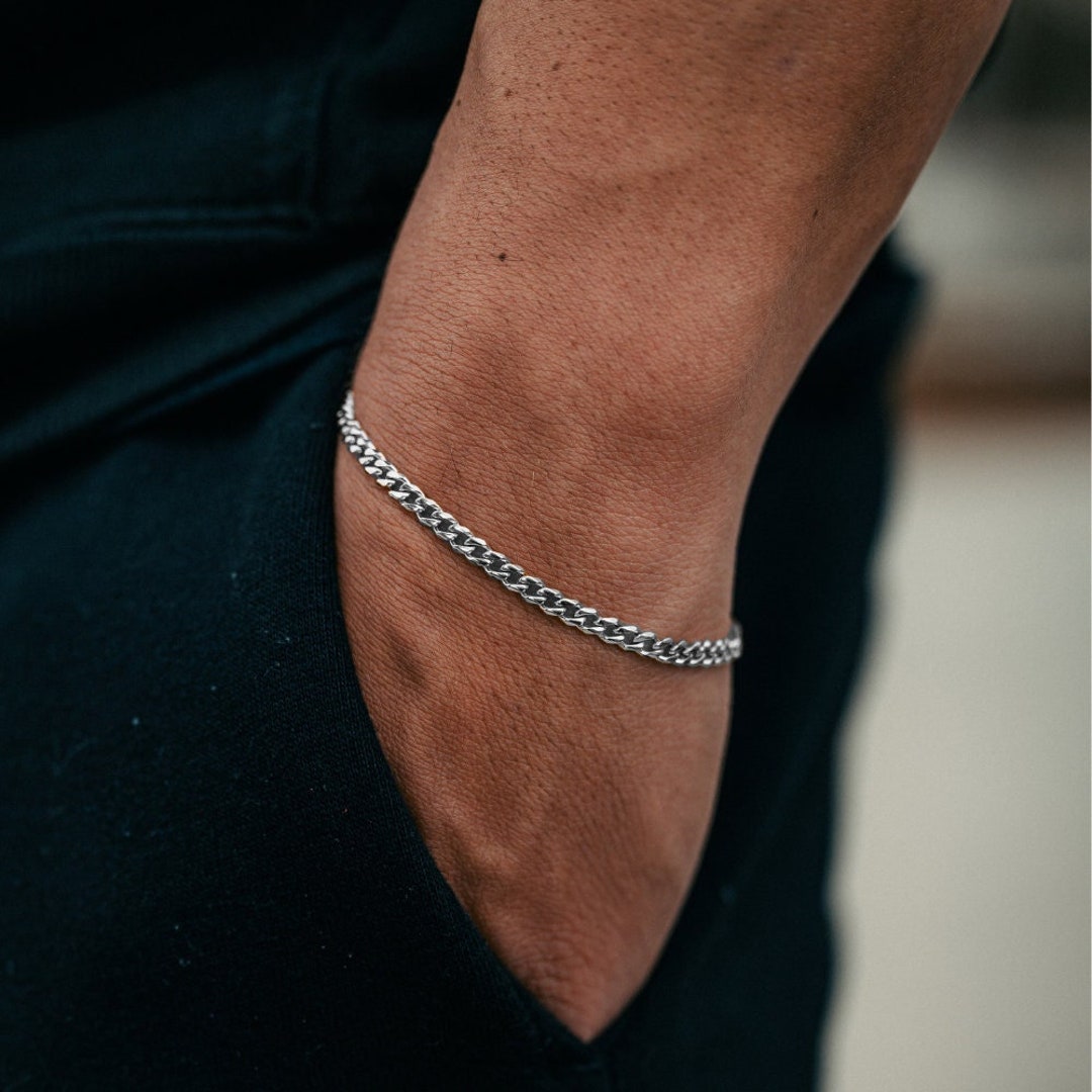 Silver Bracelet Men Mens Bracelet 3mm Curb Chain Thin Silver - Etsy
