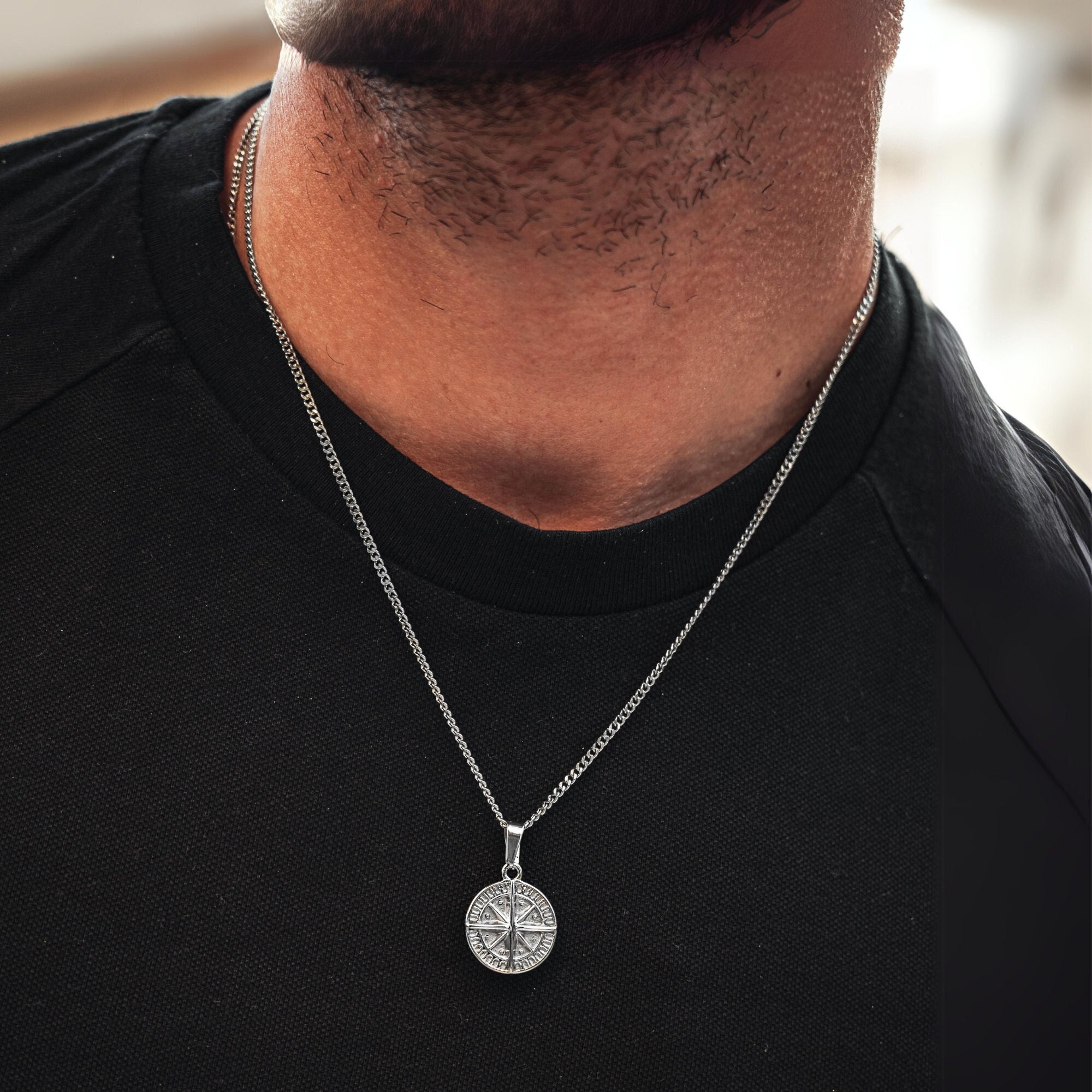 Mens Silver Compass Necklace, Mens Necklace North Star Pendant 