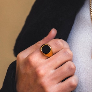 Mens Gold Onyx Signet Ring - Chunky Pinky Ring For Men - Mens Ring - 18K Gold Plated Black Onyx Ring - Mens Pinky Ring - Mens Jewellery