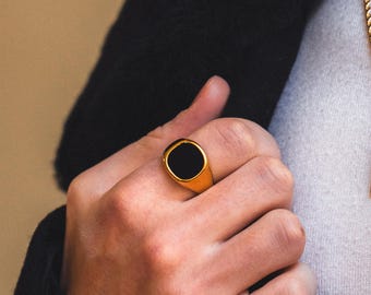 Herren Gold Onyx Siegelring - Chunky Pinky Ring für Männer - Herrenring - 18K vergoldeter schwarzer Onyx Ring - Herrenring über den kleinen Finger - Herrenschmuck