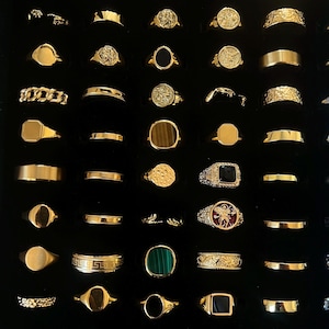Op de afbeelding: Een verzameling goudkleurige ringen gerangschikt in een zwarte displaytray. Het assortiment bevat diverse stijlen zoals zegelringen met zwarte, groene en gedessineerde inlays, ringen met een textuur en ontwerpen met schakels.
