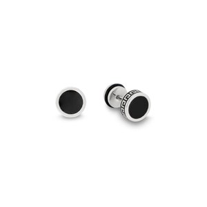 May include: A pair of black and silver stud earrings with a Greek key design. The earrings are round and have a black center.
