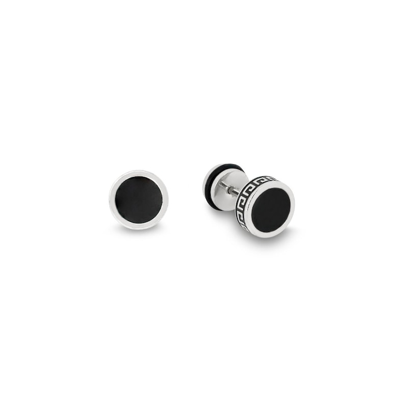 May include: A pair of black and silver stud earrings with a Greek key design. The earrings are round and have a black center.