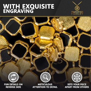 May include: A collection of gold-colored pendants with black centers. Each pendant has an octagonal shape with a loop for a chain. The pendants are engraved with a design and the text "Twisted Pendant". The image includes the text "With Exquisite Engraving".