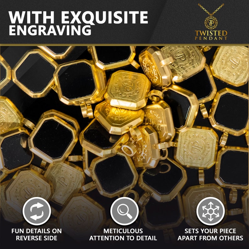 May include: A collection of gold-colored pendants with black centers. Each pendant has an octagonal shape with a loop for a chain. The pendants are engraved with a design and the text "Twisted Pendant". The image includes the text "With Exquisite Engraving".