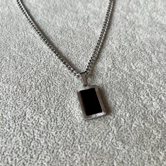 Mens Necklace - Black Onyx Silver Rectangle Pendant Necklace for