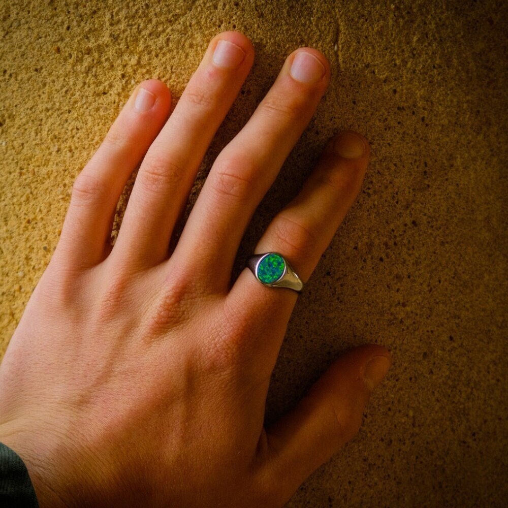 Mens Ring - Small Silver Signet Ring for Men - Oval Opal