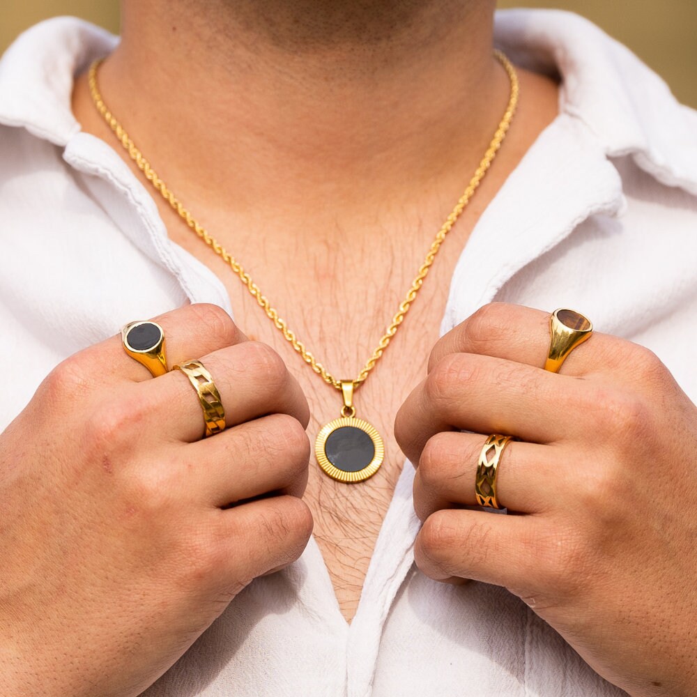 ラウンド ブラック オニキス ゴールド ペンダント ネックレス メンズ - スパイラル パターン 18K ゴールド チェーン ペンダント -  男性用ゴールド ネックレス - メンズ ジュエリー ギフト - Etsy 日本