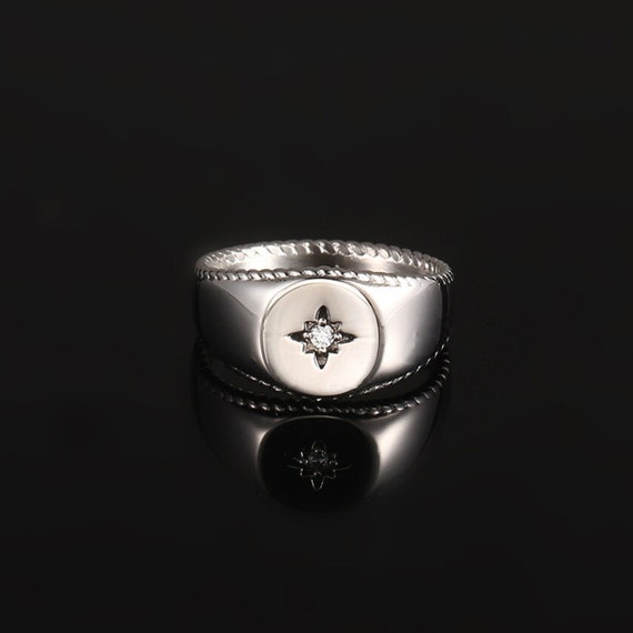Silver North Star Signet Ring - Mens Ring, CZ Diamond Signet Ring