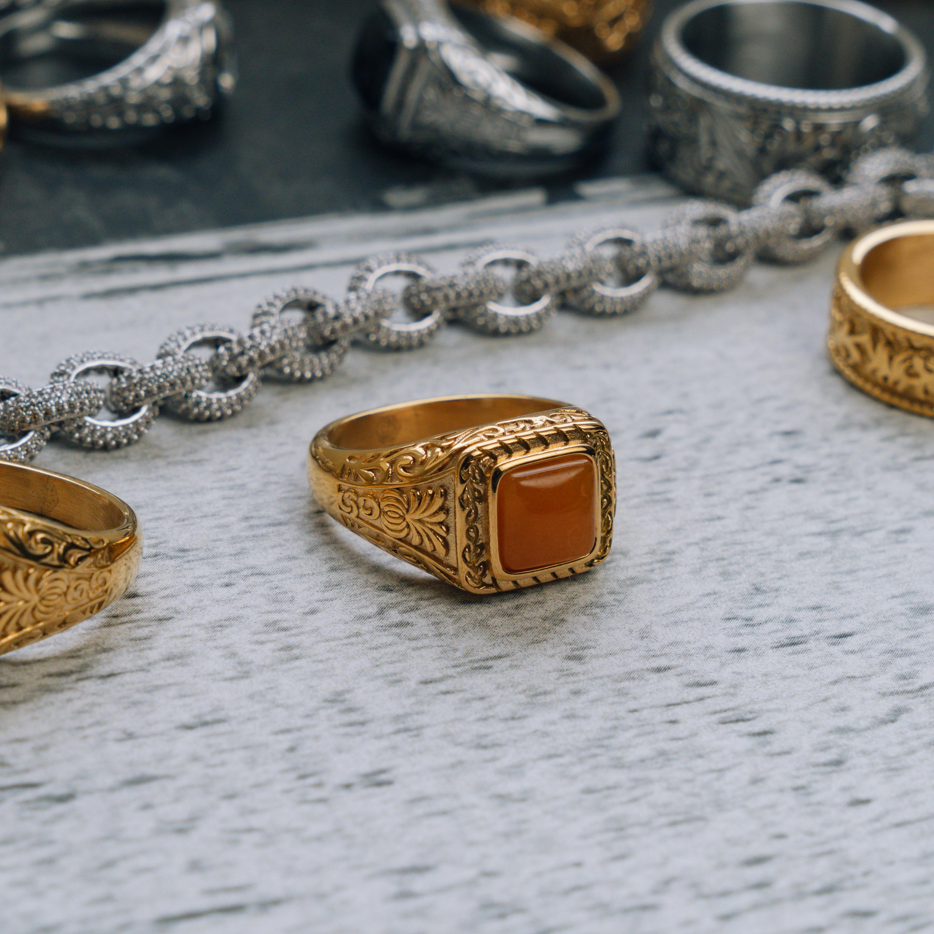 Mens Ring - Orange Quartz Greek Pattern Ring - Silver Signet Ring Men ...