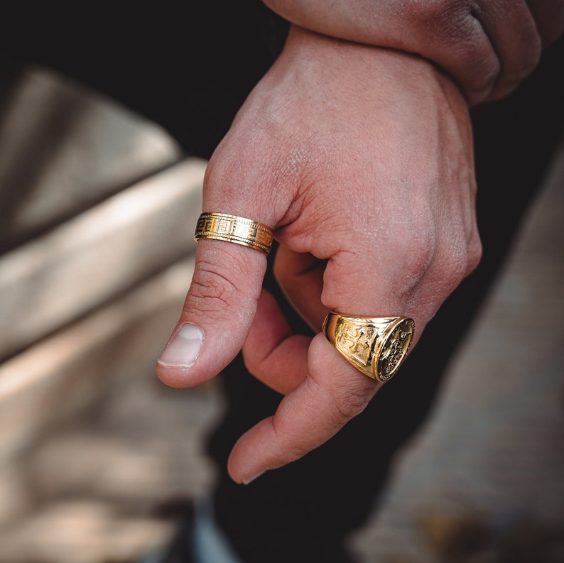 Mens Ring Gold Band Ring Mens Signet Stainless Steel Rings for Mens Jewelry Gift for Him Pinky Ring Black Onyx Gemstone Signet Ring Men Greek Band Ring