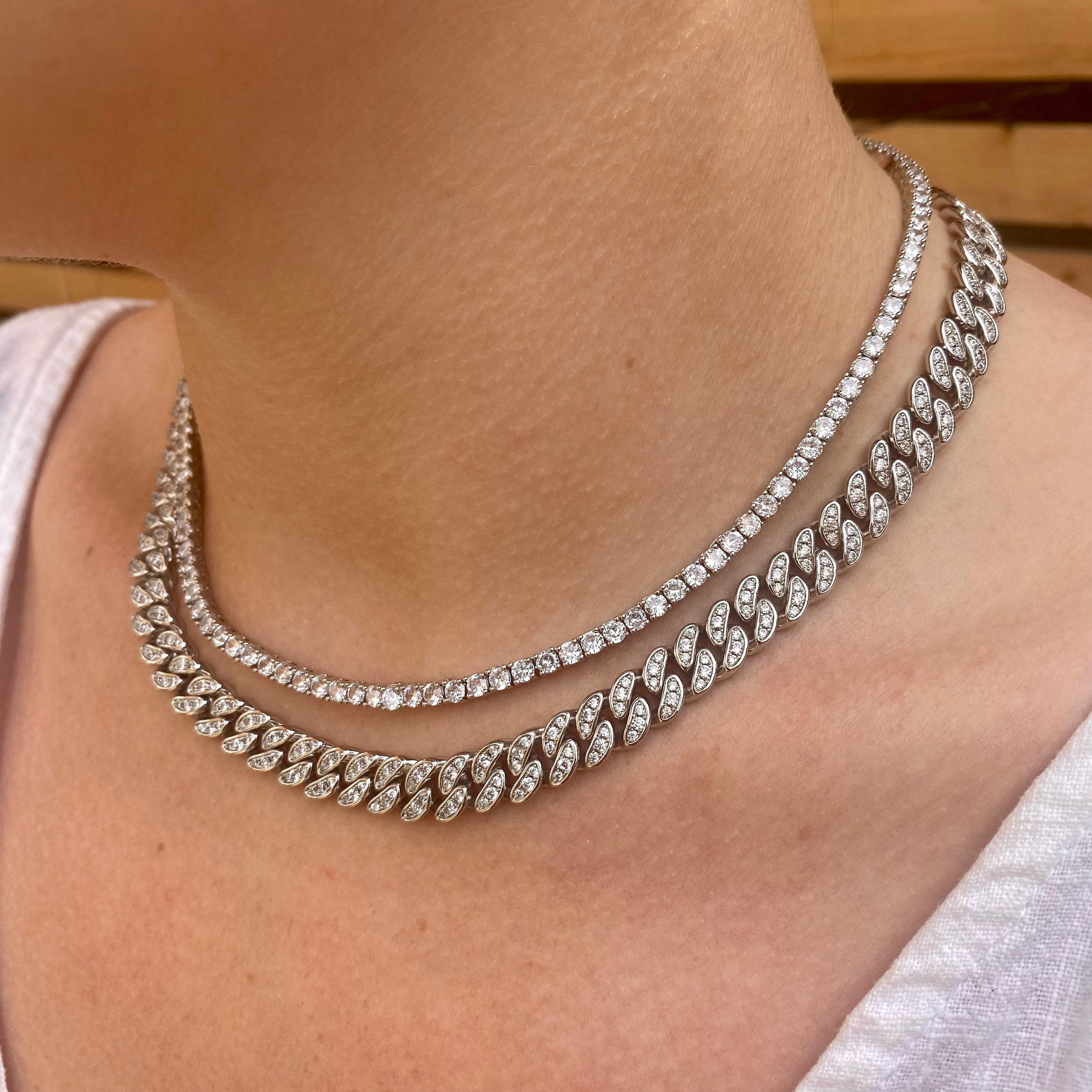 シルバーテニスネックレス 2mm/3mm、シルバーチェーンネックレス、女性 