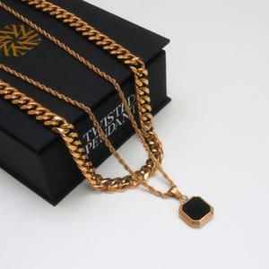 Mens Necklace Set - Gold Black Onyx Pendant Necklace For Men - Onyx Pendant With Layer Cuban Chain Set - Mens Jewellery - By Twistedpendant
