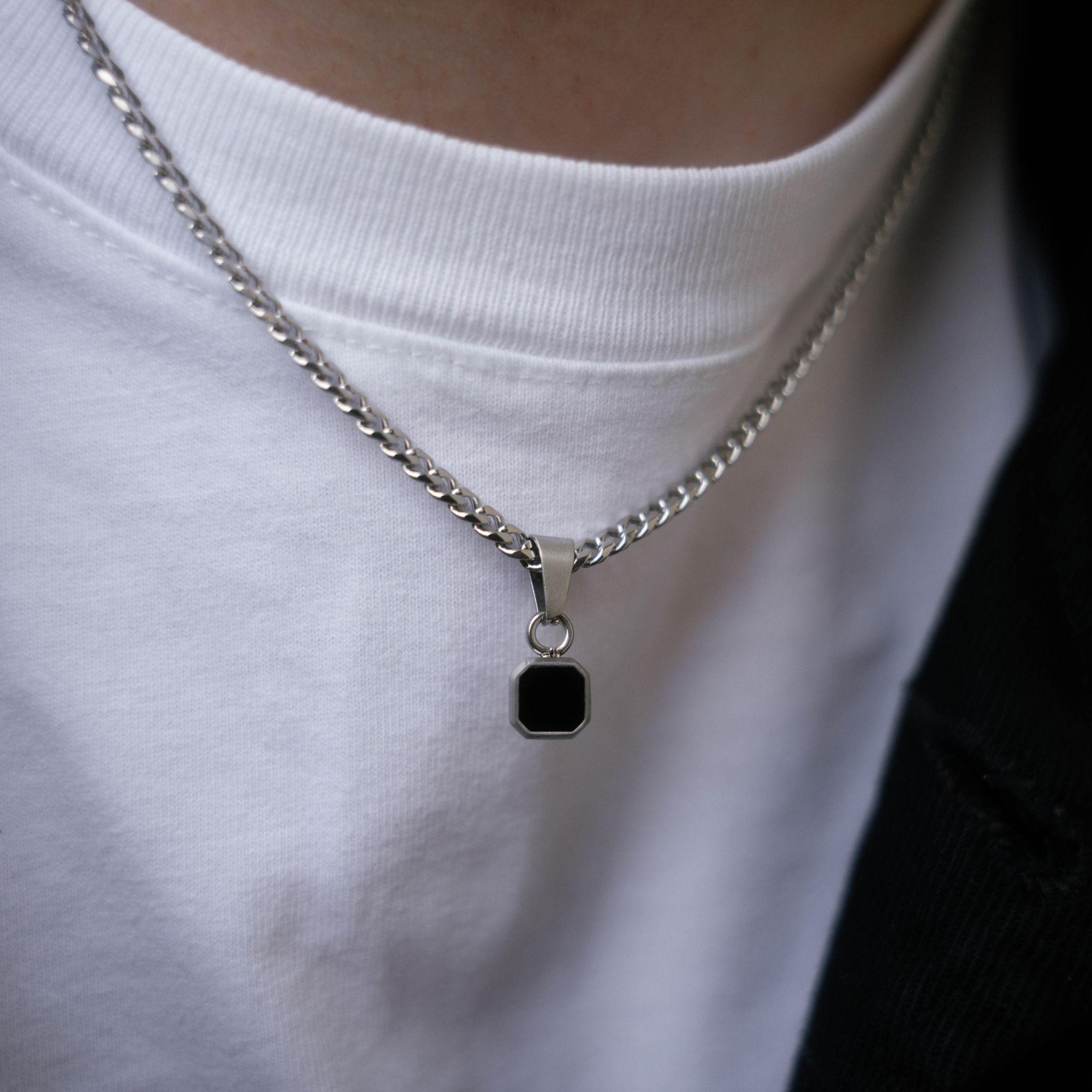 Mini Black & Silver Onyx Pendant Necklace For Men - Black Onyx Necklace - Gemstone Onyx Necklace - Mens Jewelry - Chain With Pendant