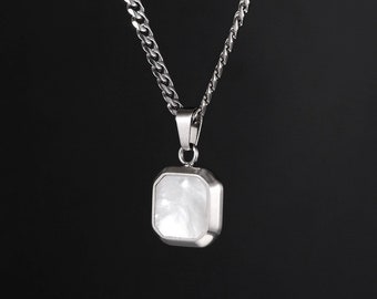 White Shell Stone Mens Necklace Pendant Silver Stone Pendant Silver Chain Gold Chain Stainless Steel Jewelry- By Twistedpendant
